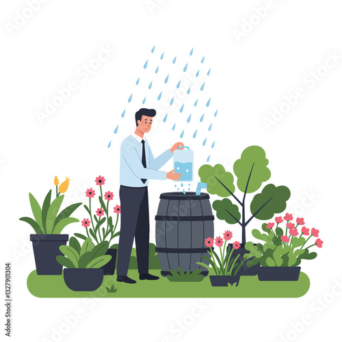Man watering plants in garden surrounded by colorful flowers detailed vector illustration