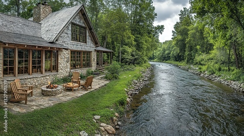 A picturesque stone house sits beside a flowing river