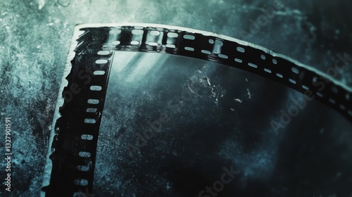 Close Up of Old Film Reel with Dust and Particles on Dark Teal Background