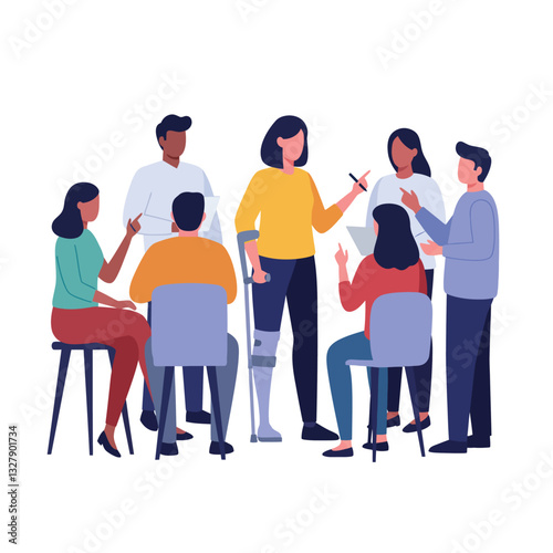 Group of people engaged in discussion with flat design style vector illustration
