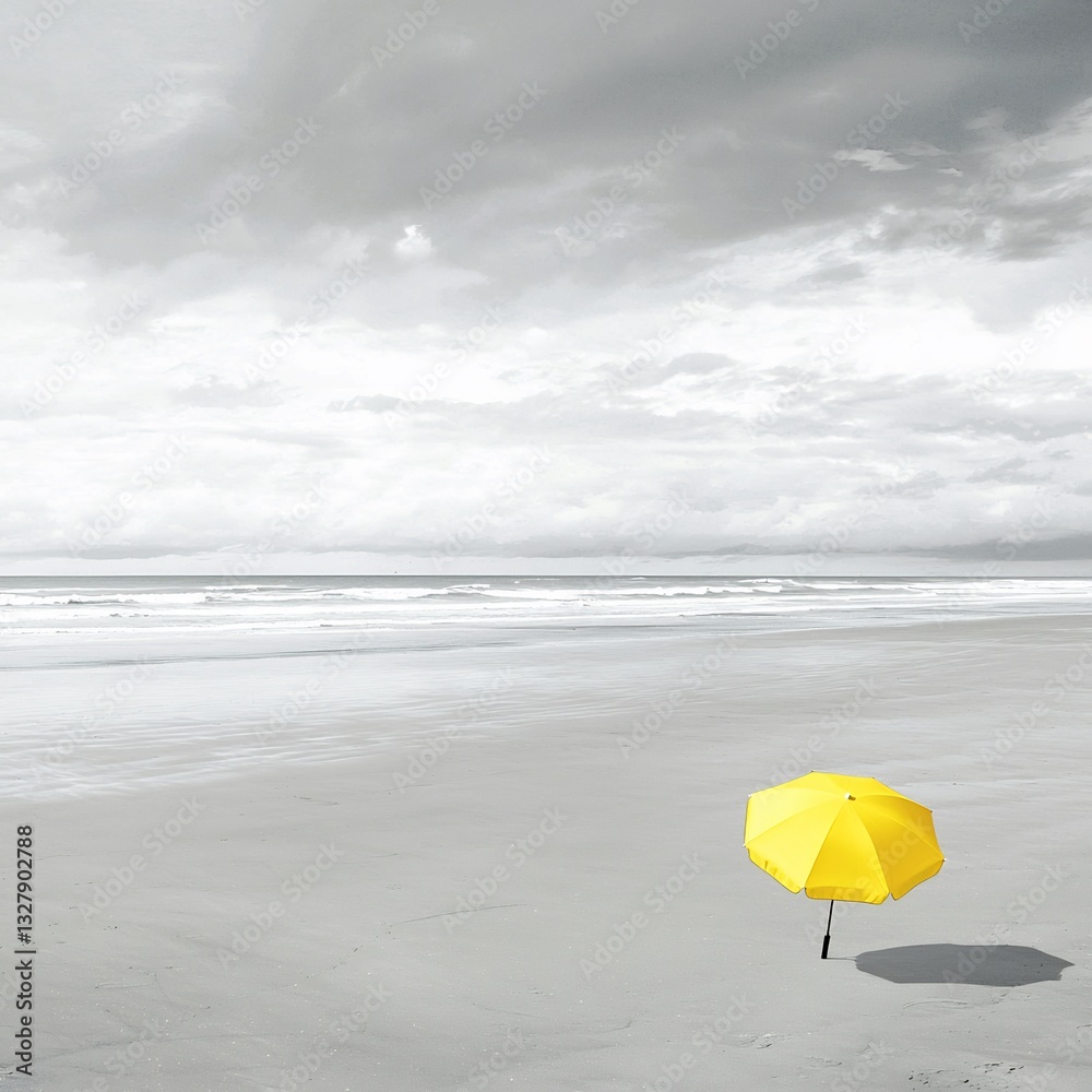 Monochrome beach scene with only a vibrant yellow umbrella in the sand Monochrome beach scene with only a vibrant yellow umbrella in the sand