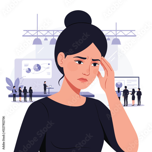 Woman with troubled expression in flat design vector art illustrating stress at a business presentation