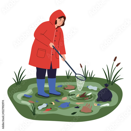 Person collecting trash from water using net in detailed vector illustration