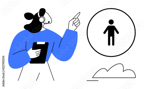 Customer service agent wearing a headset holds a clipboard while pointing at a user icon in a circle. Ideal for support, communication, guidance, team management, call center, user onboarding, flat