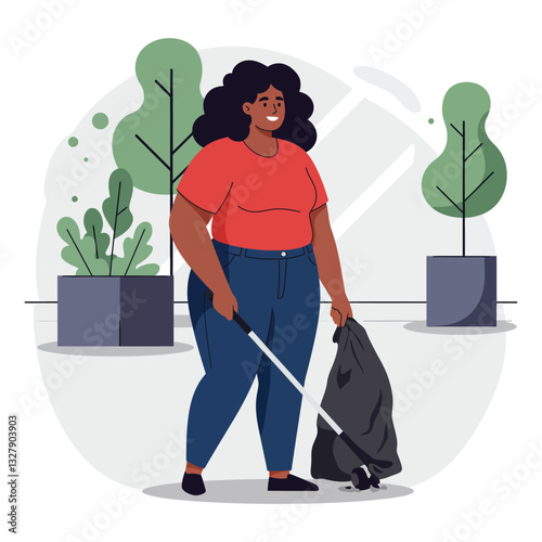 Woman collecting trash in a park, flat design style vector illustration