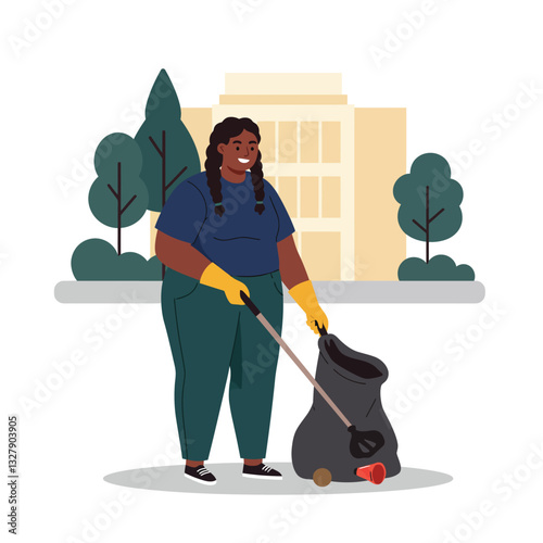 Person collecting litter in park with flat design vector art