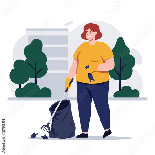 Woman cleaning park with tools in flat vector art style