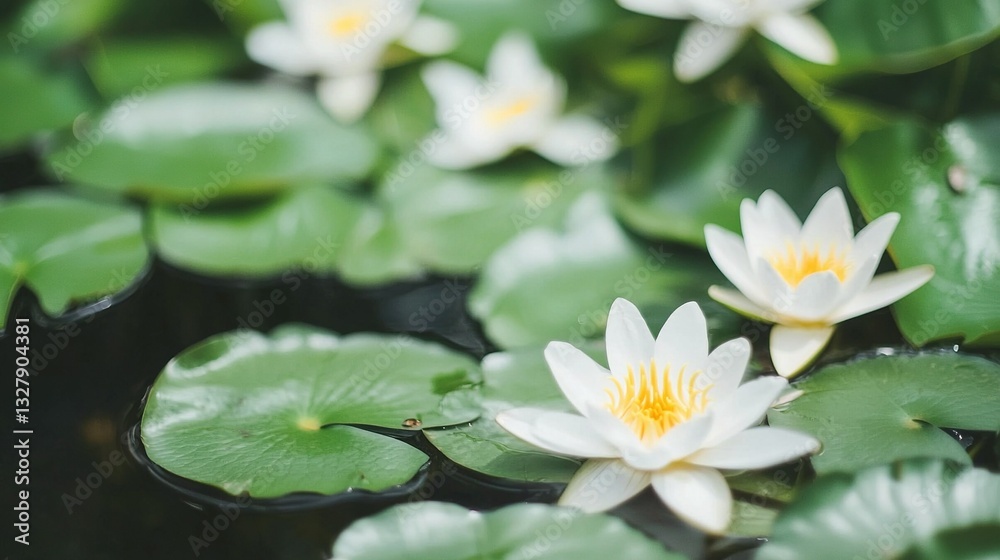 A cluster of white water lilies gliding atop a verdant, lily-filled pond A cluster of white water lilies gliding atop a verdant, lily-filled pond