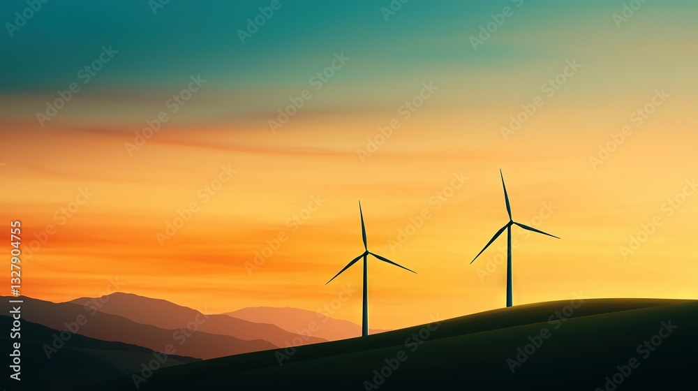Fototapeta premium A couple of windmills tower over a hilltop, framed by an orange-blue sky and setting sun