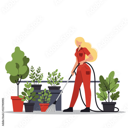 Woman watering plants in red outfit detailed flat vector illustration