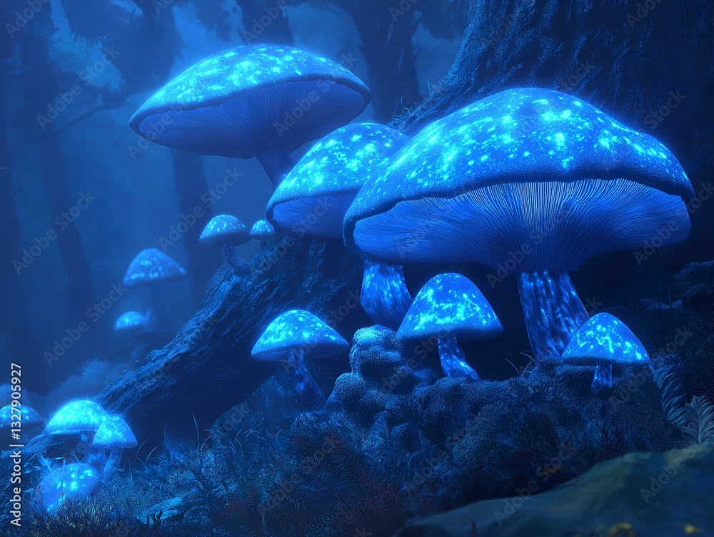 Naklejka premium glowing blue mushrooms in forest, mystical atmosphere, night scene