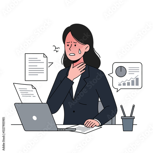 Woman in professional attire experiencing stress at desk in flat vector art