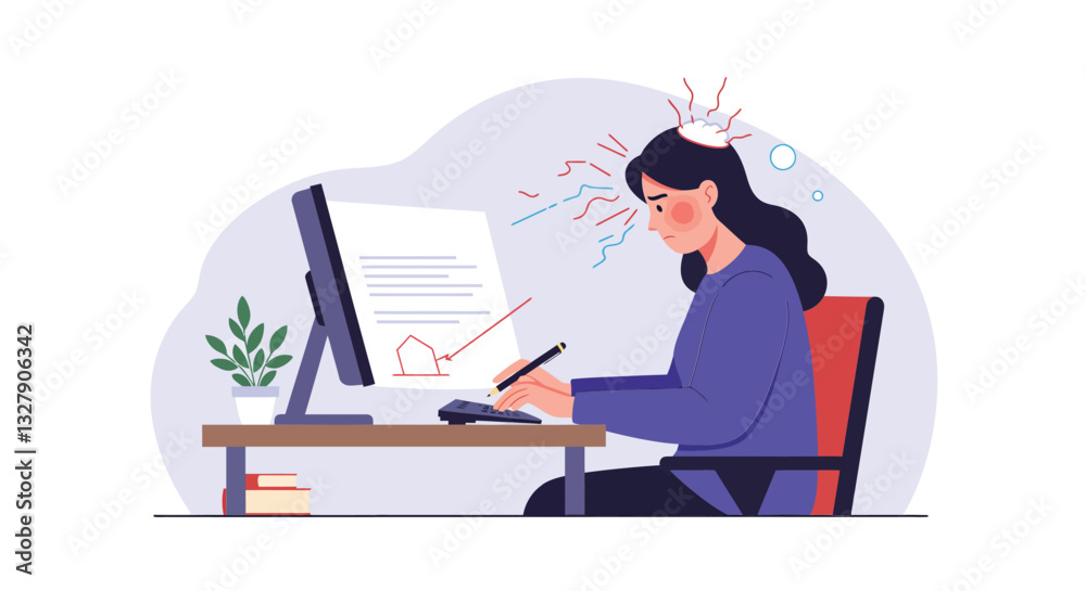 Frustrated woman at computer with stress lines in flat vector art Frustrated woman at computer with stress lines in flat vector art