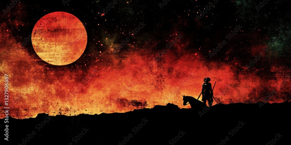 Fototapeta A lone rider and horse against a fiery night sky