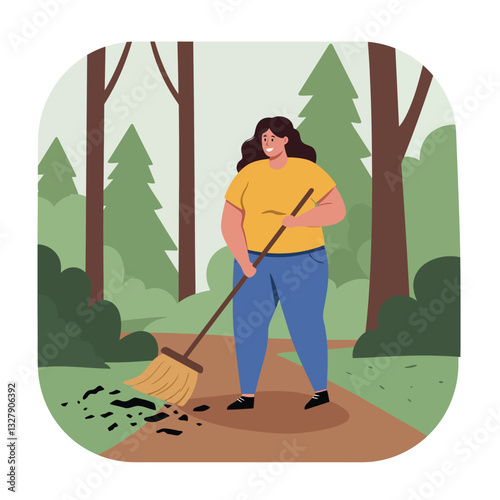 Woman sweeping leaves in a forest, flat design, nature-focused vector art