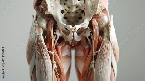 Detailed anatomical model showcasing human muscular structure, highlighting the pelvis and thigh region.