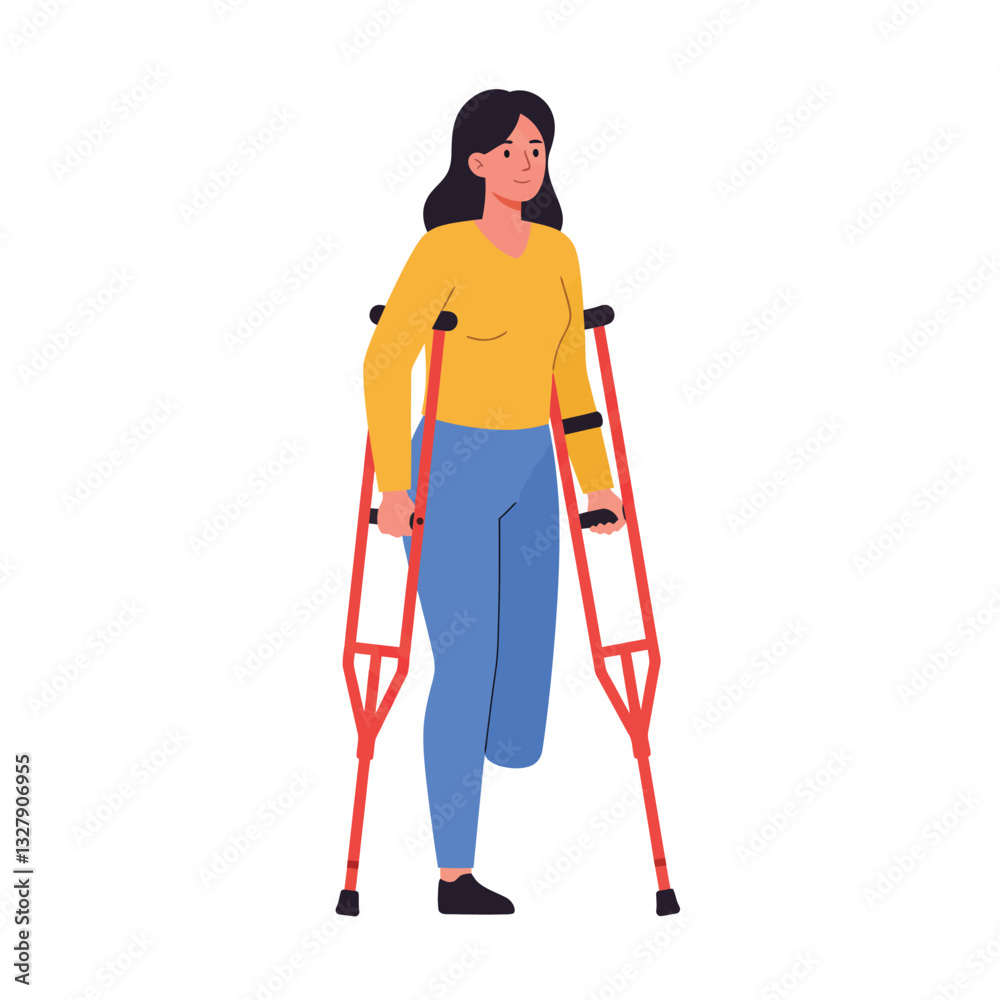 Woman using crutches in a flat and colorful vector illustration Woman using crutches in a flat and colorful vector illustration