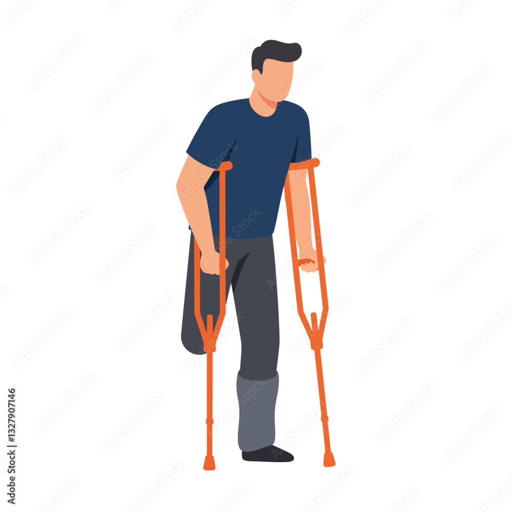 Fototapeta premium Individual using crutches in flat minimal vector art style vector illustration