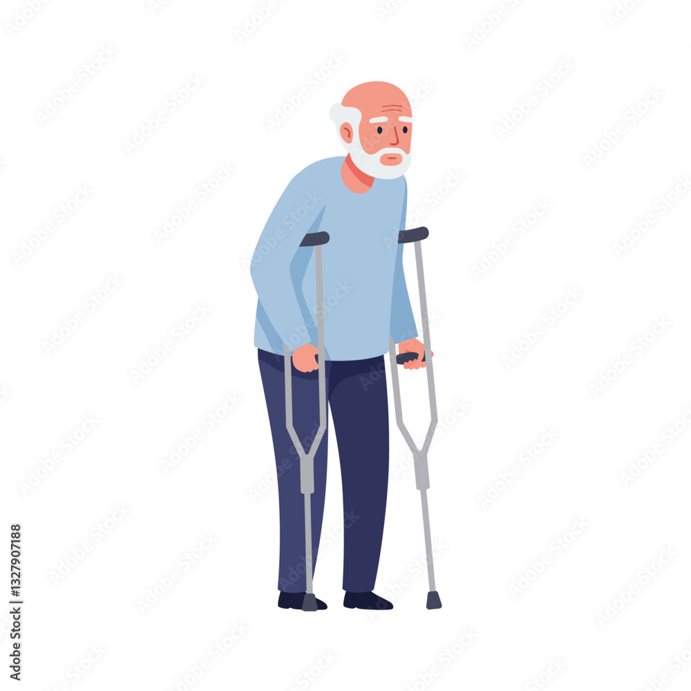 Elderly man using crutches in minimal flat design vector art Elderly man using crutches in minimal flat design vector art