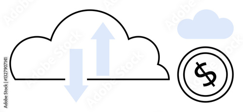 Cloud with arrows signifies data transfer, dollar sign indicates financial exchange. Ideal for technology, finance, data, cloud computing, ecommerce, investment online services. Flat simple metaphor