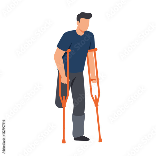 Individual using crutches in flat minimal vector art style vector illustration