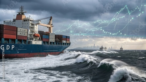 Wallpaper Mural Container Ship Navigating Rough Waters with Graph Overlay Indicating Economic Trends and Global Maritime Trade Growth Torontodigital.ca