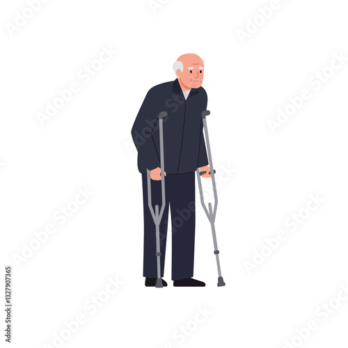 Elderly man using crutches in flat vector illustration style for mobility assistance vector art