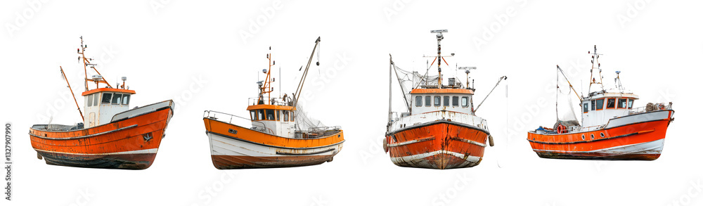 Fototapeta premium Colorful Fishing Boats in a Row on Transparent Background