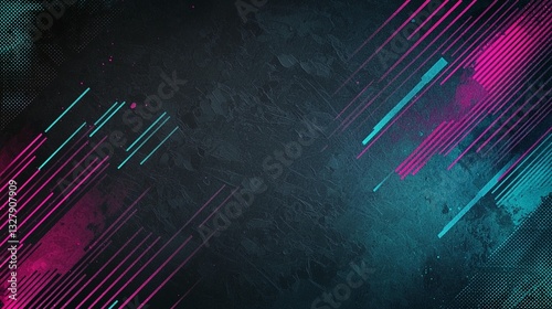 Abstract background with diagonal lines, grunge texture, and vibrant pink and teal accents.