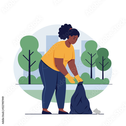 Woman collecting trash in a park with flat design vector illustration