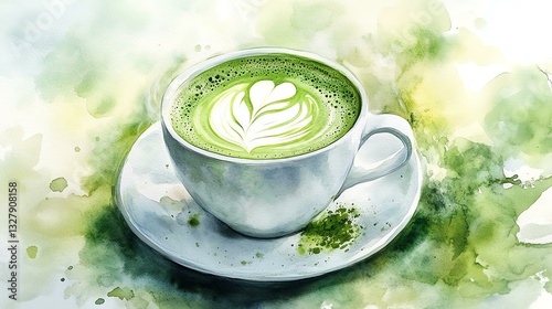 Watercolor minimalist Vegan Recipe illustration, A creamy matcha latte with heart latte art in a white cup on a green watercolor background.
