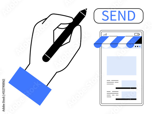 Hand holding a pen near a mobile interface with Send button, suggesting messaging, online submission, or content creation. Ideal for communication, apps, technology, design, creativity business