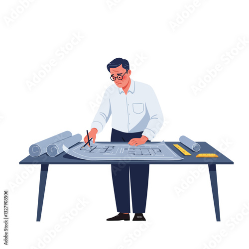 Architect drawing blueprints at desk in flat vector illustration