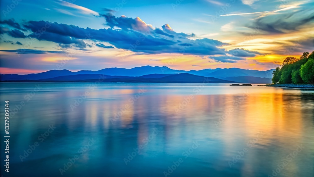 Fototapeta premium Long Exposure: Lake Champlain & Vermont's Blue Mountains from New York State