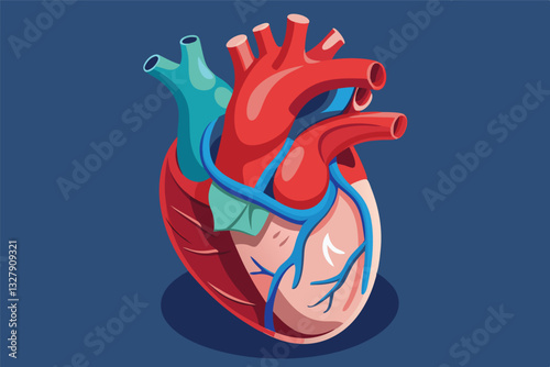 Illustration of a human heart showing detailed anatomy with colorful arteries and veins on a blue background