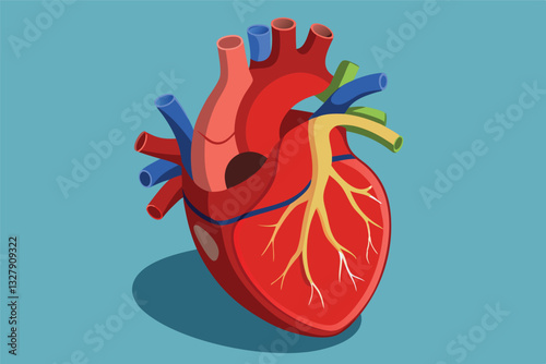 Illustration of a human heart showing detailed anatomy with colorful arteries and veins on a blue background