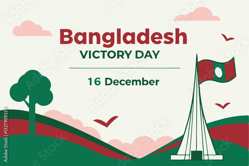 Bangladesh celebrates Victory Day on December 16 with vibrant vector art showcasing flags amidst scenic hills