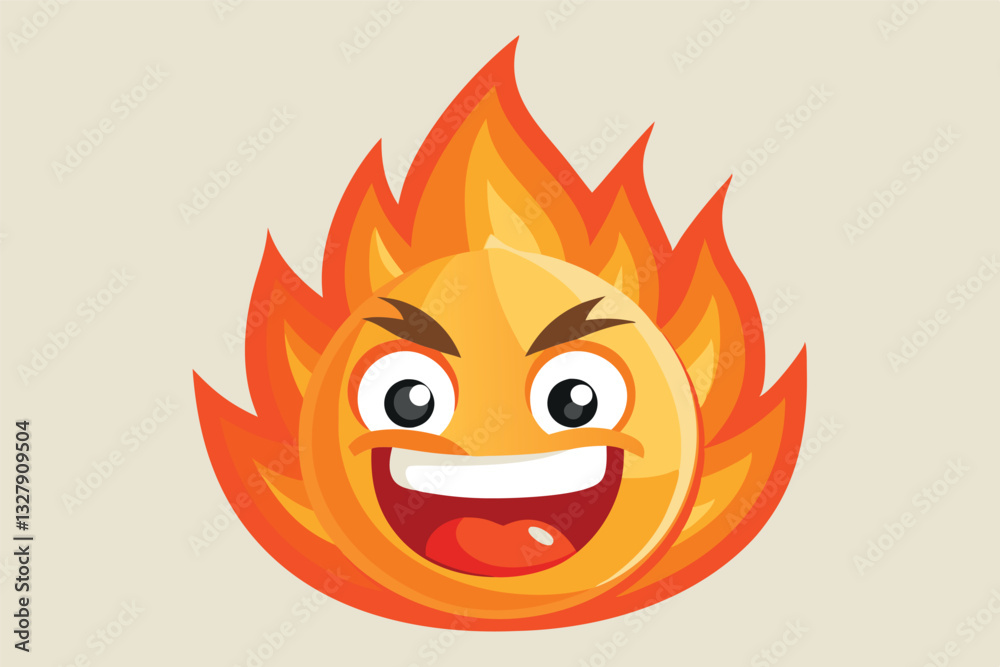 Cheerful flaming character with expressive face and playful grin showcases vector art style for creative projects