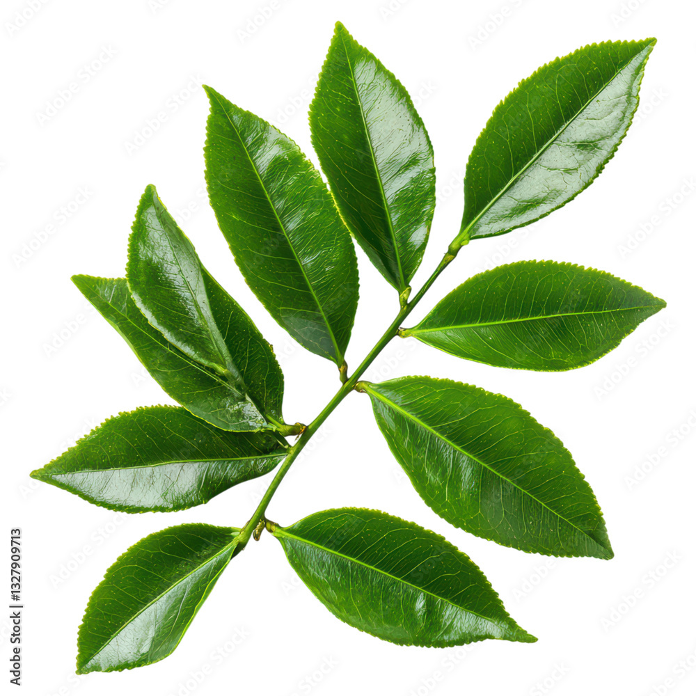 Fototapeta premium Fresh Curry Leaves on a White Background for Culinary or Herbal Use in Indian Cooking, isolated on transparent background.
