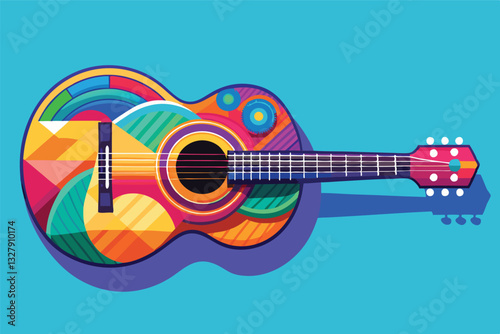 Colorful vector illustration of an acoustic guitar featuring vibrant patterns and shapes on a bright turquoise background