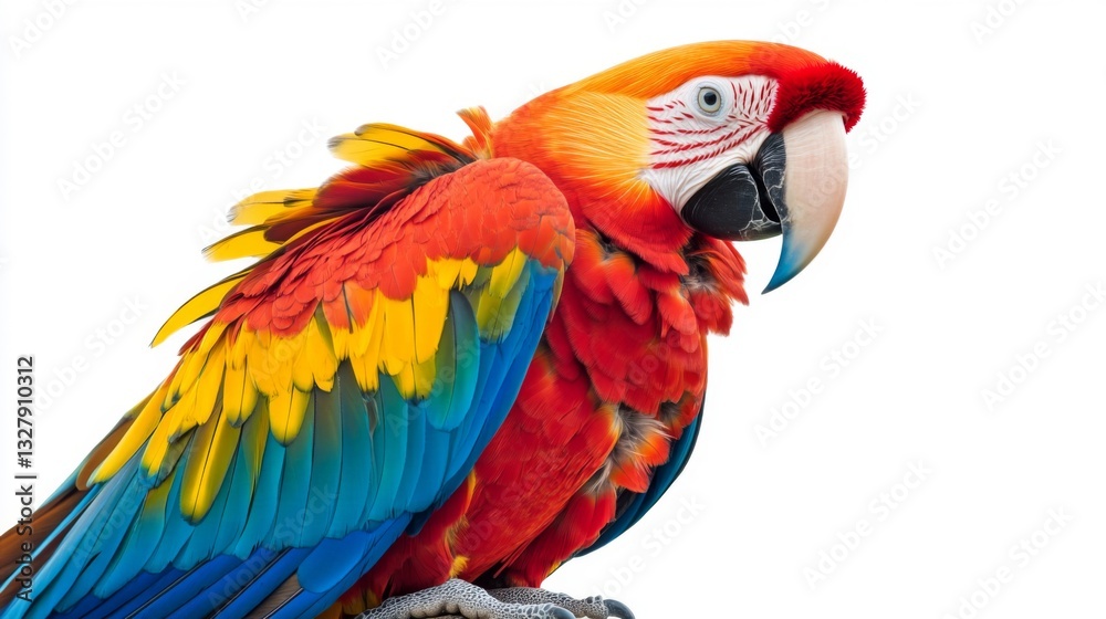 Obraz premium Vibrant Red Yellow And Blue Macaw Parrot Portrait Against White Background