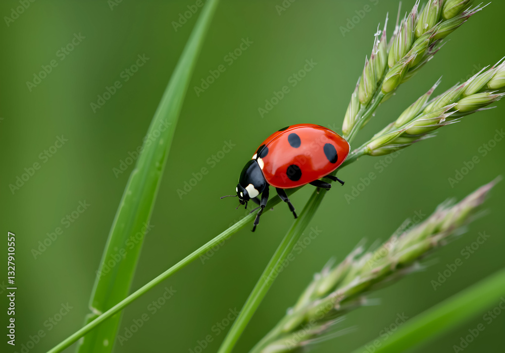 Red Ladybug on Green Grass Blade, Close-Up Macro Nature Red Ladybug on Green Grass Blade, Close-Up Macro Nature