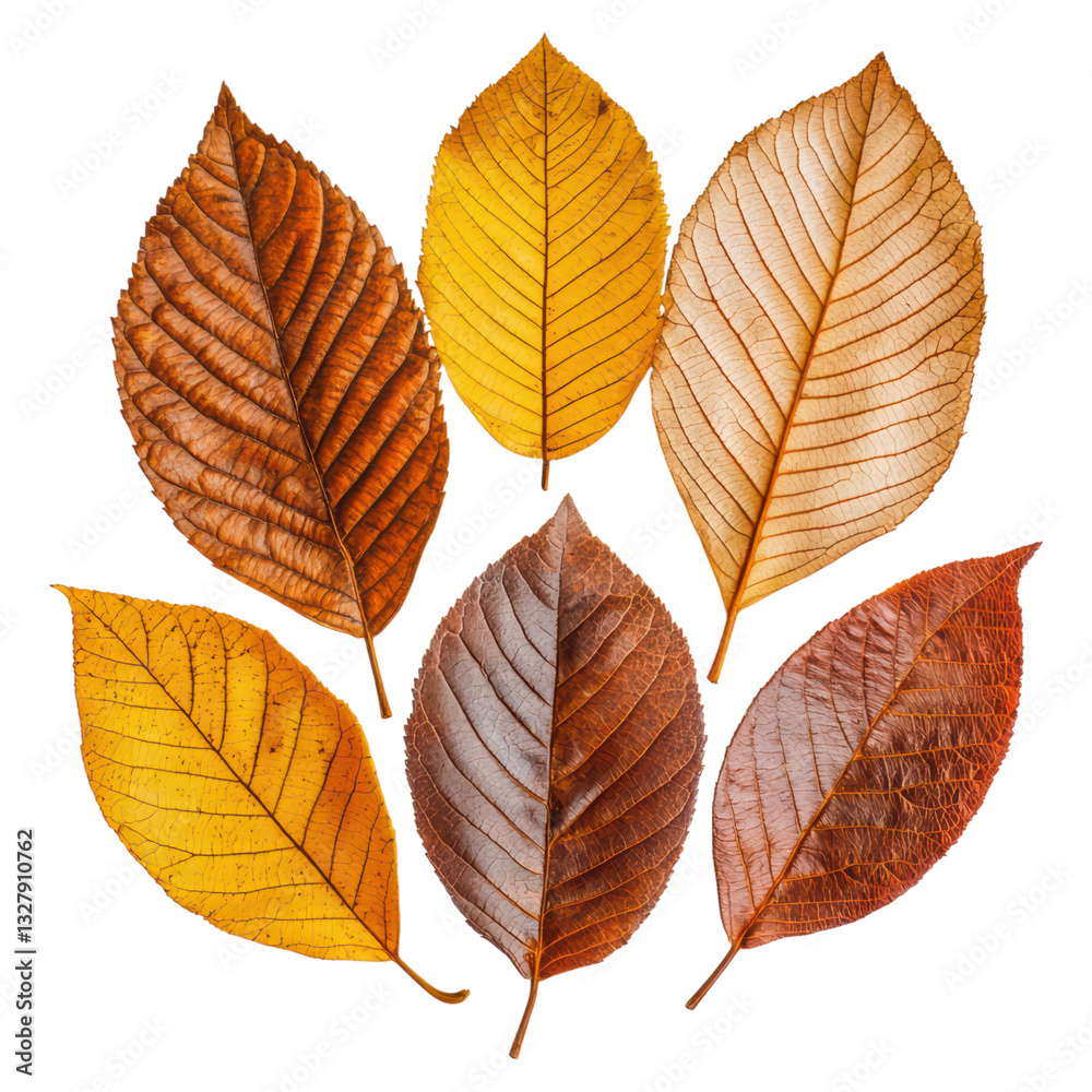 Obraz premium Beautifully Dried Autumn Leaves with Rich Textures and Warm Natural Colors, isolated on transparent background.