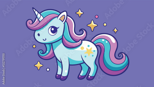 Illustration of a whimsical unicorn with colorful mane and sparkling stars in a vibrant blue background filled with magic and fantasy