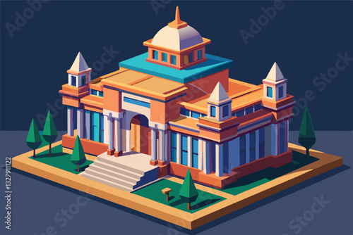 Illustration of a vibrant vector representation of a historical building with an ornate dome and decorative architecture surrounded by geometric trees