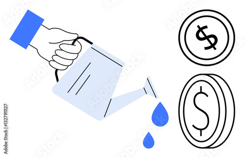Hand pouring water drops from a watering can toward coins with dollar signs, symbolizing nurturing investments, wealth building, and economic growth. Ideal for finance, business, savings