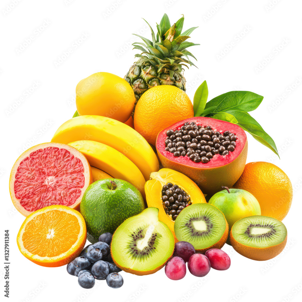 Fresh and Exotic Tropical Fruits Arrangement on White Background for Organic Produce Themes, isolated on transparent background. Fresh and Exotic Tropical Fruits Arrangement on White Background for Organic Produce Themes, isolated on transparent background.