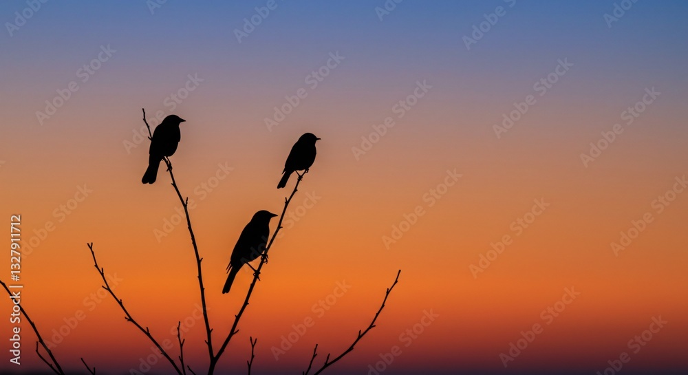 Obraz premium Sunset silhouette of two birds sitting on a branch against a gradient sky, birds, branches, silhouettes