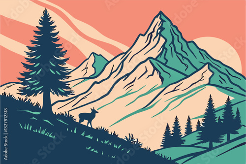 Exploration during sunset in a tranquil mountain landscape with a winding path and tall trees inviting adventure