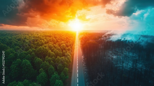 Aerial view of a sunset illuminating a lush green forest on one side and burnt land on the other.